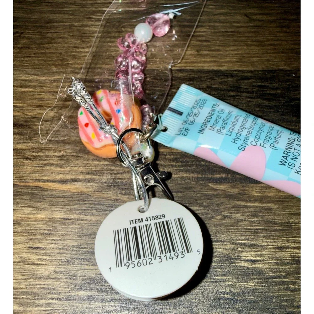 Walgreens Vanilla Lip Gloss 0.5oz NEW Donut Bead Keychain Blue Pink Checkered